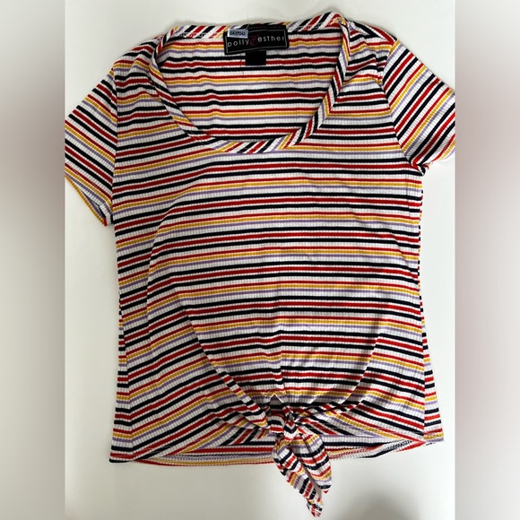 Polly & Esther Tie up Scoop Neck Striped White, Red, Yellow, Black Purple Shirt - Picture 2 of 4